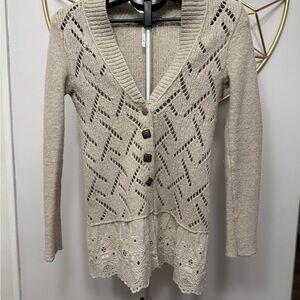 Free People Beige Wool Blend Eyelet Lace Ruffled Hem Button Cardigan Size XS